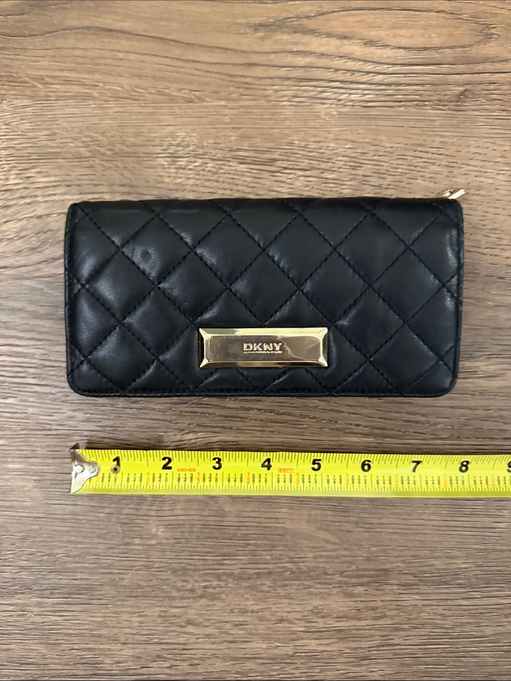 DKNY Black Quilted Leather Wallet with Gold Plate Large Zip
